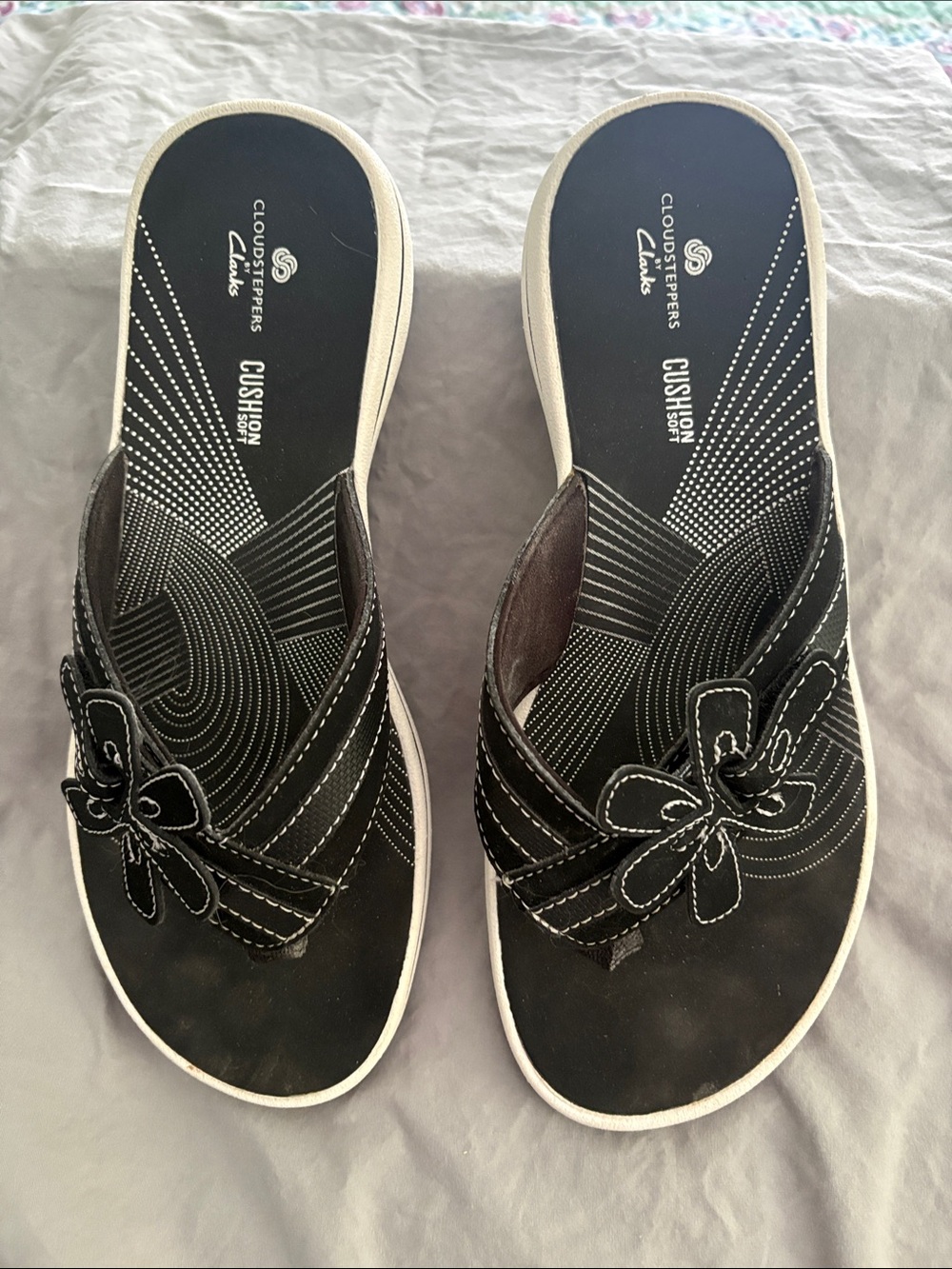 Clarks Black Floral Stitch Slide Flip flops/sandals